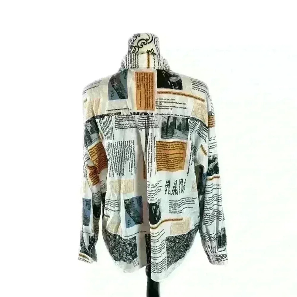 Newspaper All over Print Slogan Collared Button Front Drop Shoulder Blouse, L - Picture 12 of 13